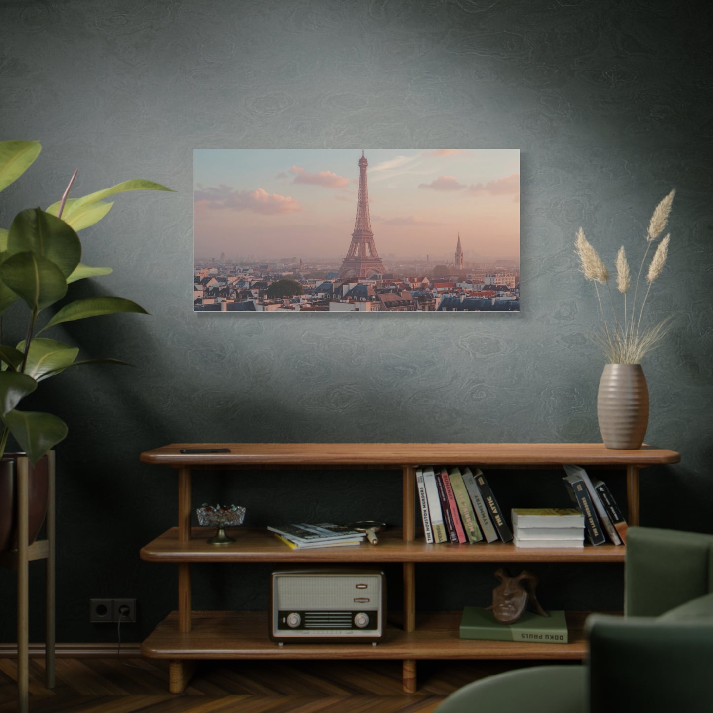 Eiffel Tower Panorama Matte Stretched Canvas – Paris Sunrise Wall Art