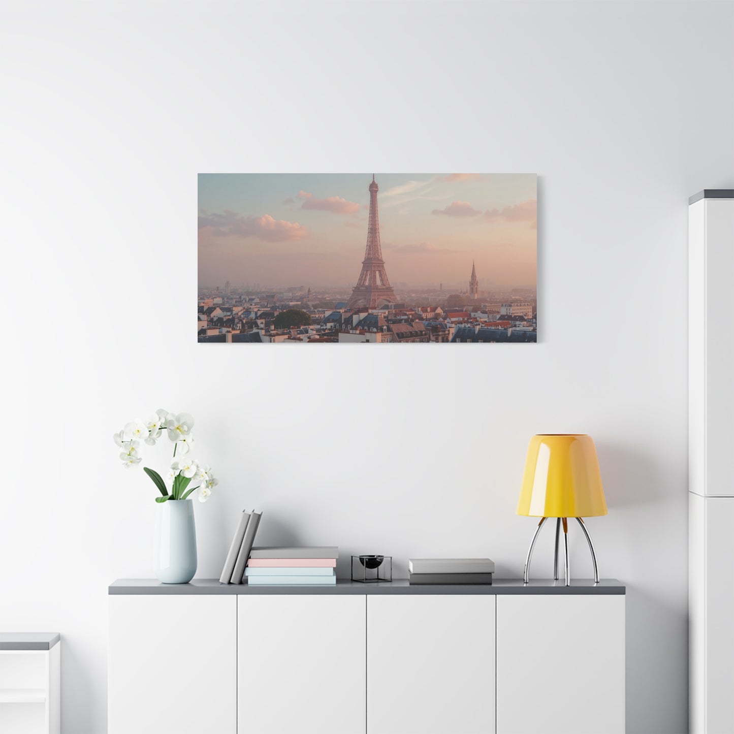 Eiffel Tower Panorama Matte Stretched Canvas – Paris Sunrise Wall Art