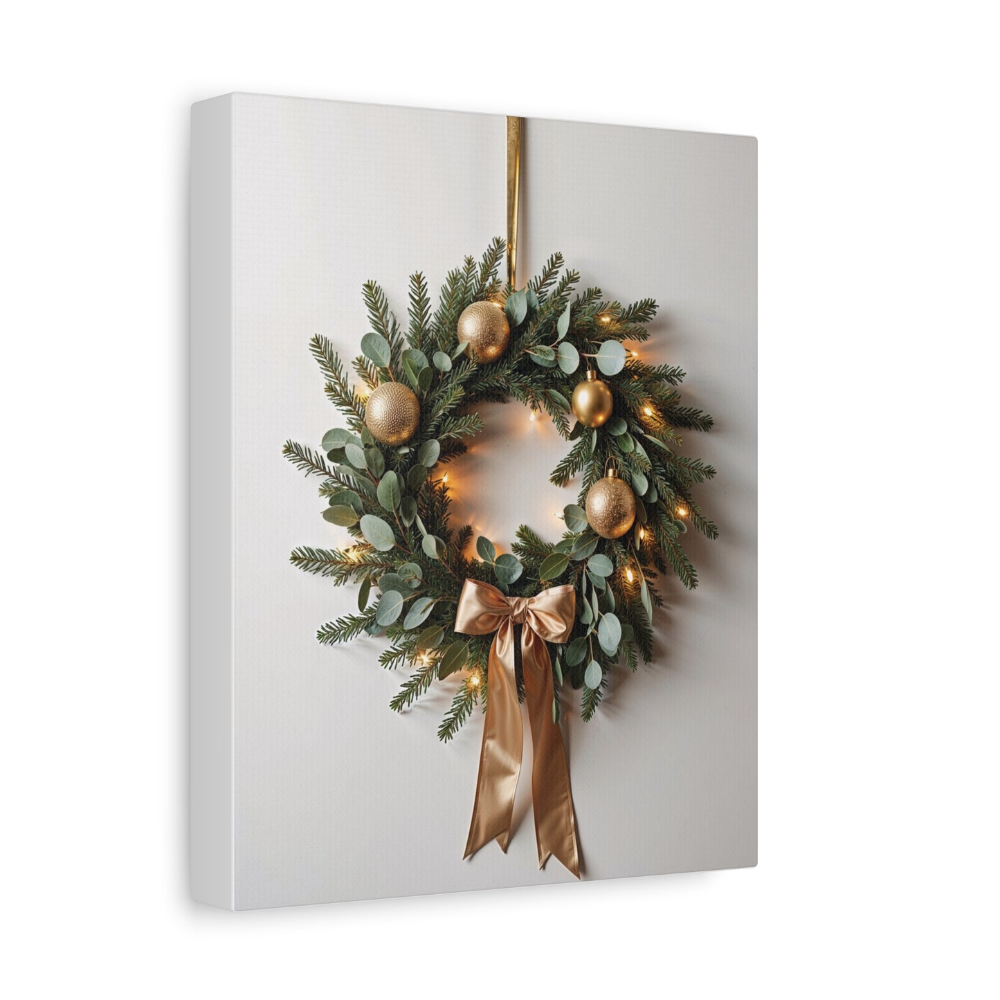 Holiday Wreath Canvas Print — Festive Gold & Green Christmas Wall Art, Stretched Matte Canvas