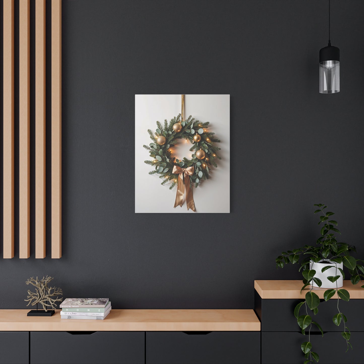 Holiday Wreath Canvas Print — Festive Gold & Green Christmas Wall Art, Stretched Matte Canvas