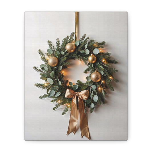 Holiday Wreath Canvas Print — Festive Gold & Green Christmas Wall Art, Stretched Matte Canvas
